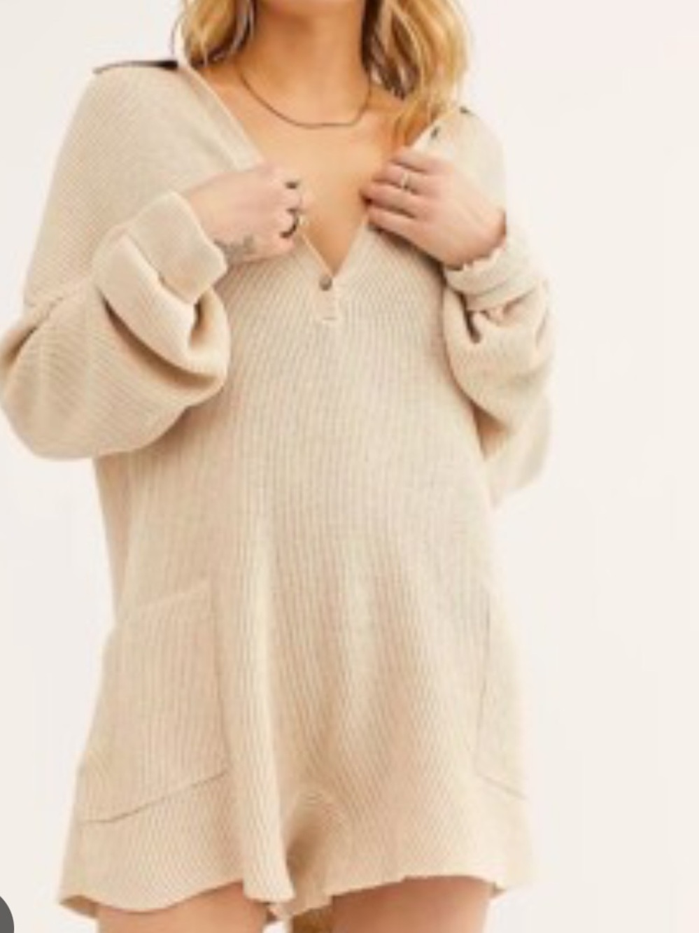 Free People Beach Picnic one piece ribbed linen long sleeve sweater pockets boho